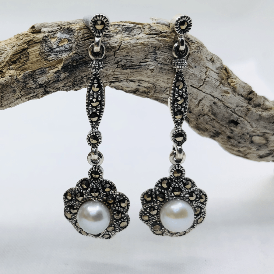 Marcasite, Silver and Pearl Flower Drop Earrings