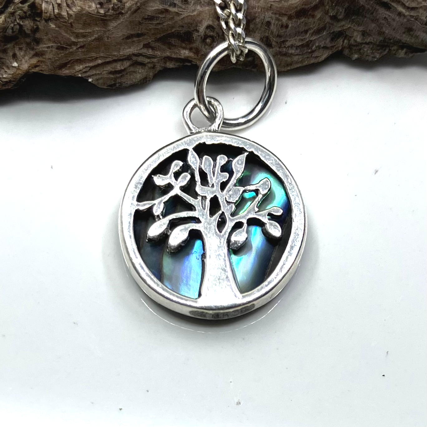 Abalone and Sterling Silver Pendant Tree of Life round on Silver Chain