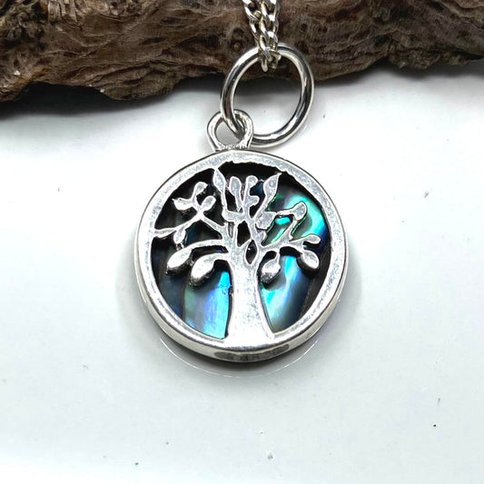 Abalone and Sterling Silver Pendant Tree of Life round on Silver Chain