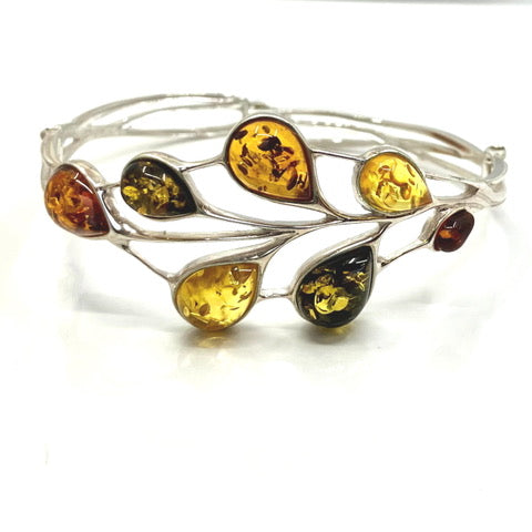 Amber and Sterling Silver 7 Multistone Closed Bangle