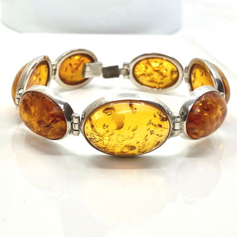 Amber and Sterling Silver 7 Oval Stone Bracelet