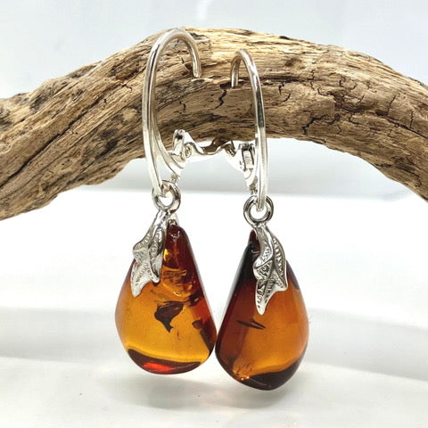 Amber and Sterling Silver Earrings with Leaf Motif