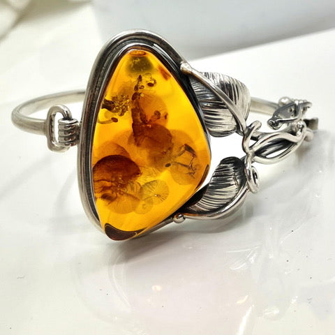 Amber and Sterling Silver Oxidised Leaf Closed Bangle