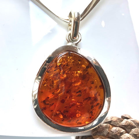 Amber and Sterling Silver Pendant and Silver Vee Torc