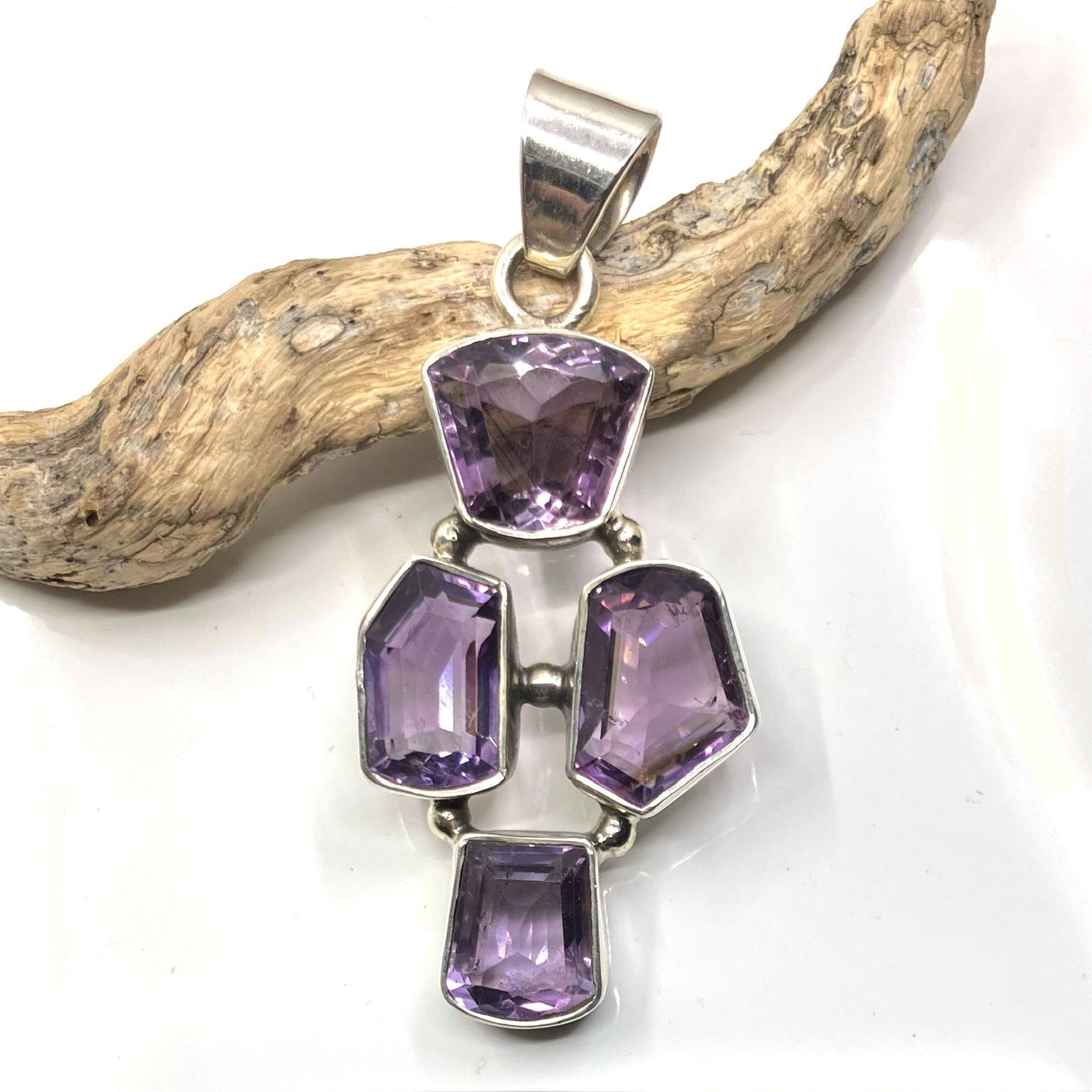 Amethyst and Sterling Silver Pendant 4 Faceted Stones