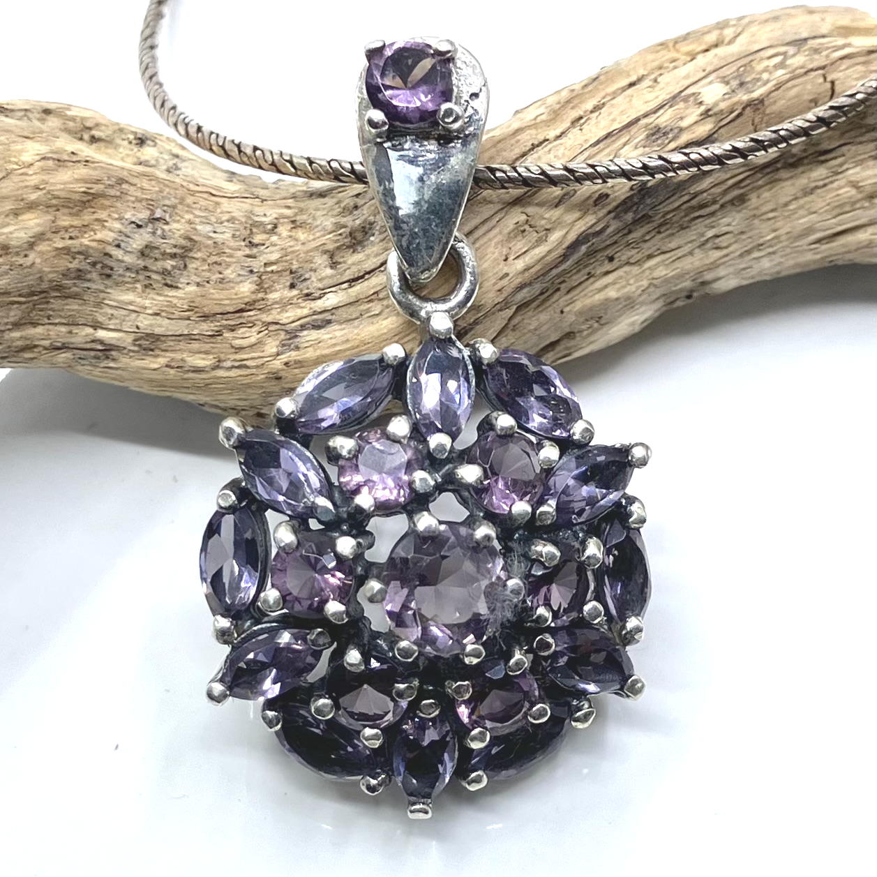 Amethyst and Sterling Silver Pendant 20 Stone on Silver Chain