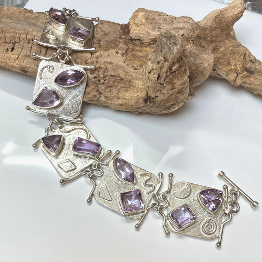 Amethyst and Sterling Silver Bracelet 5 Square and 10 Cut Stones