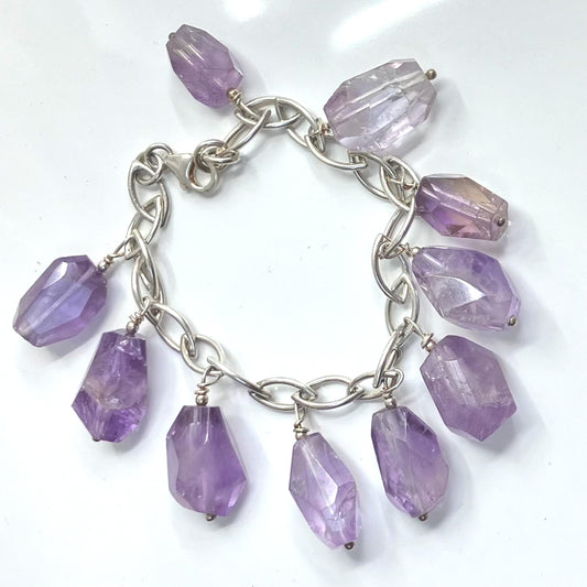 Amethyst and Sterling Silver Bracelet with 10 Cut Stone Charms