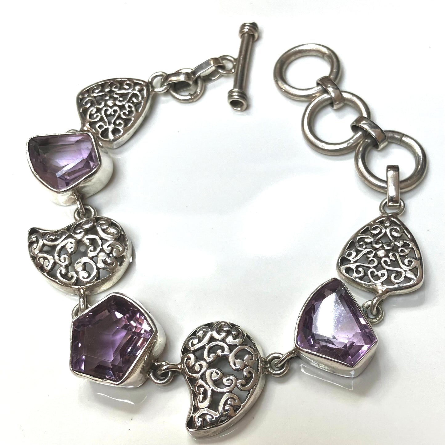 Amethyst and Sterling Silver Bracelet with 3 Cut Stones and 4 Silver Filigree Beads