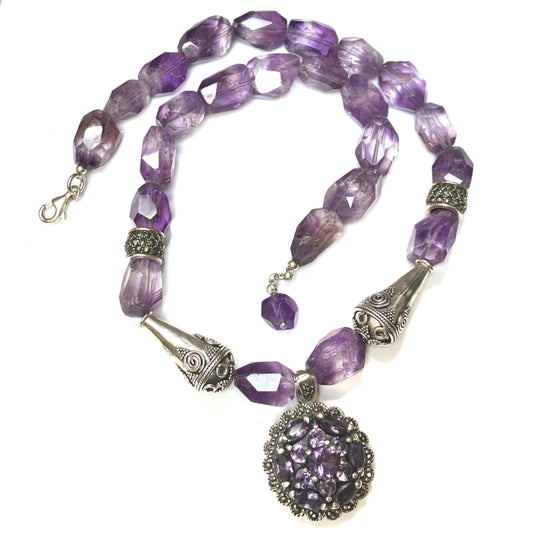 Amethyst and Sterling Silver Necklace with Amethyst and Marcasite centerpiece