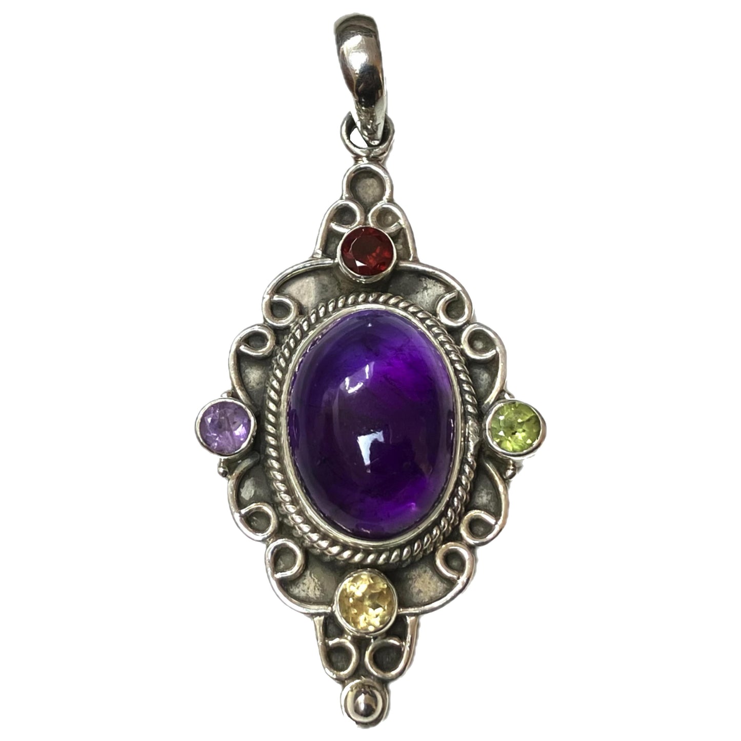 Amethyst and Sterling Silver Pendant Oval with 4 Cut Gemstones