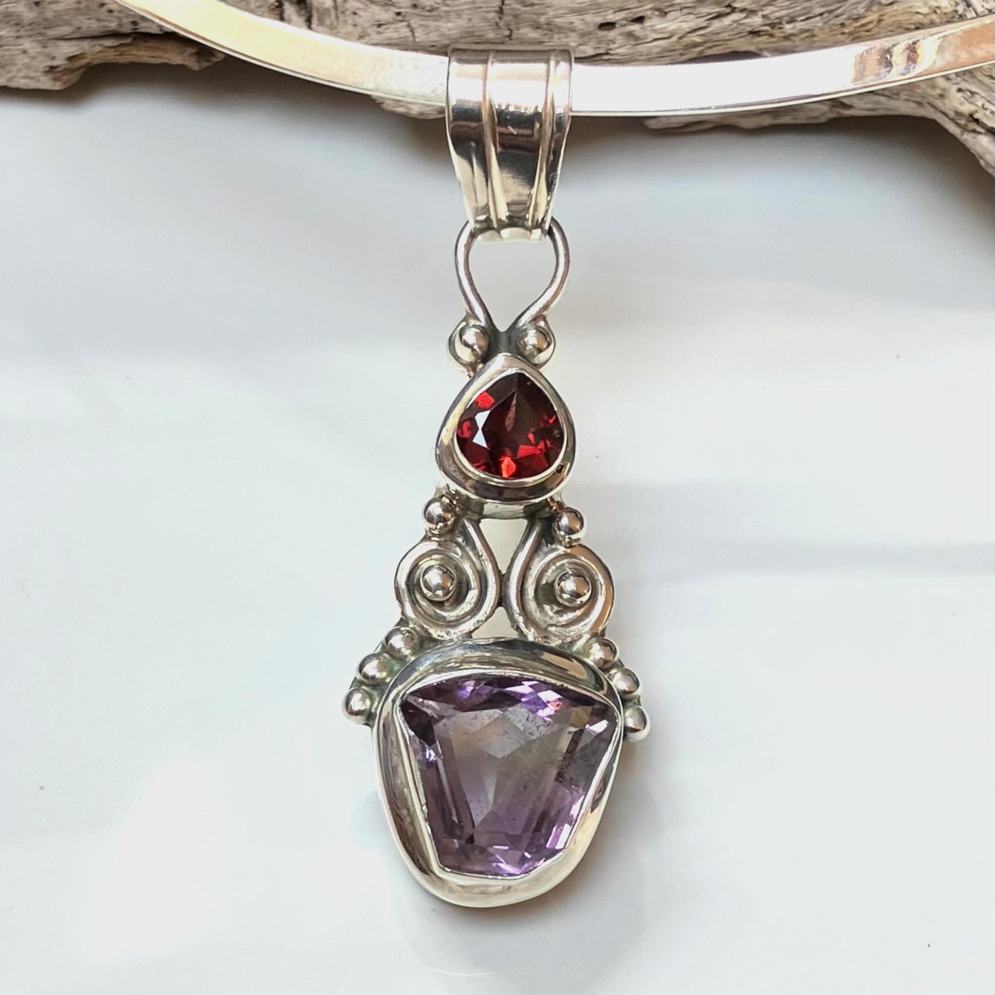 Amethyst and Garnet Sterling Silver Pendant on Silver Torc