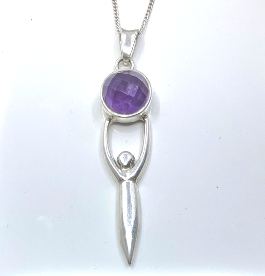 Amethyst and Sterling Silver Pendant Goddess with moon on Silver Chain