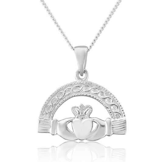 Claddagh Sterling Silver Semi Circular Pendant and Chain