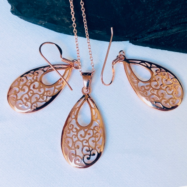 Rose Gold Plated Sterling Silver Pear Shaped Pendant and Chain