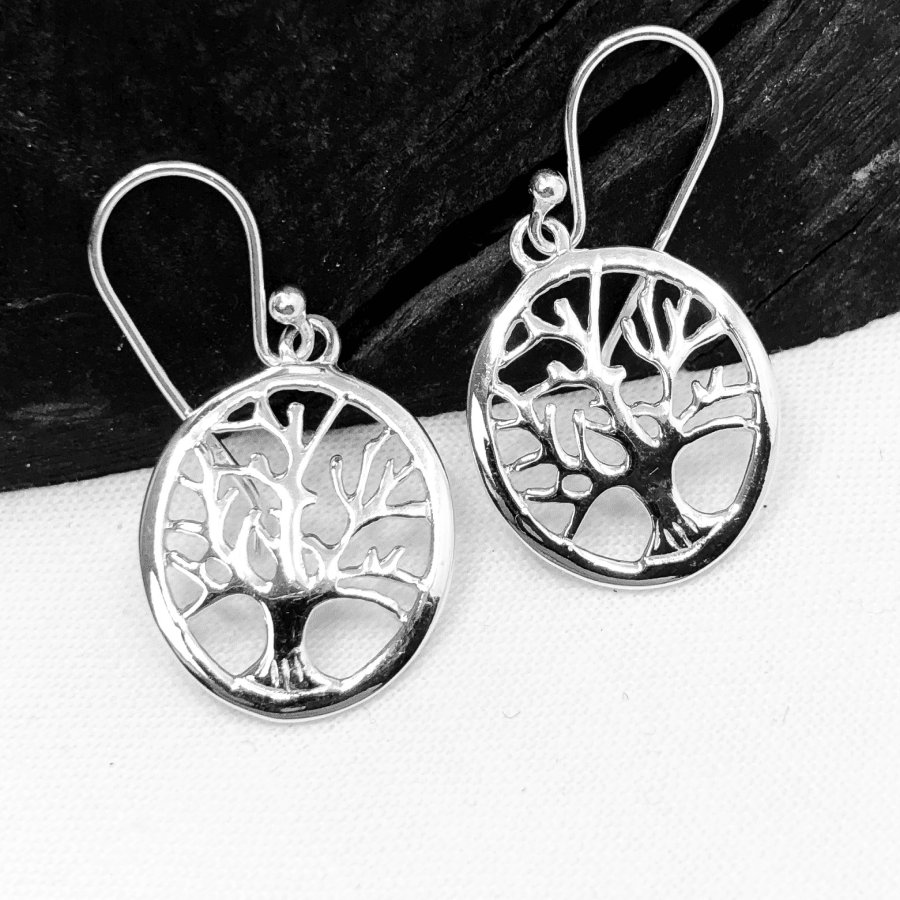 Tree of Life 18mm Round Silver Earrings