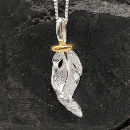 Sterling Silver Feather Pendant and Silver Curb Chain