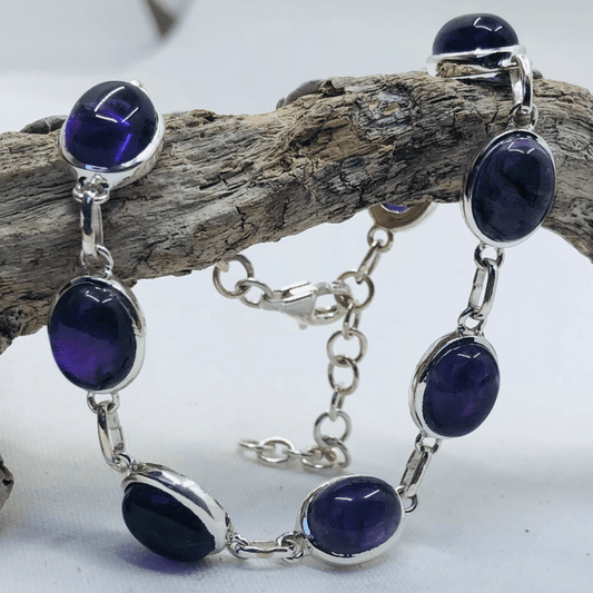 Amethyst and Sterling Silver 9 Oval Stone Bracelet