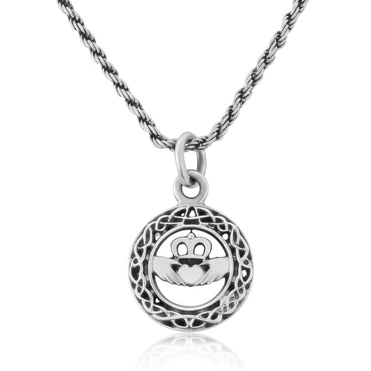 Claddagh Celtic Knot Oxidised Silver Circular Pendant and Chain
