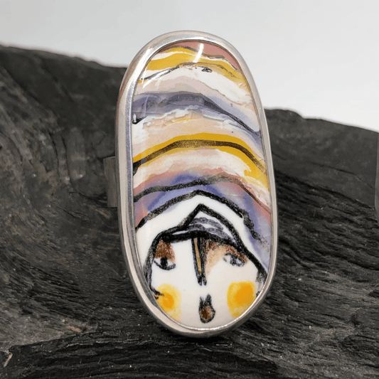 Handmade Ceramic Face in Sterling Silver Ring Derv