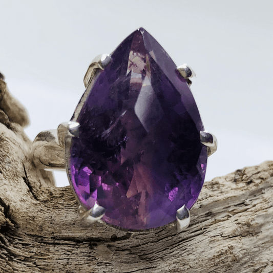 Amethyst and Sterling Silver Pear Shaped Cut Stone Claw Ring