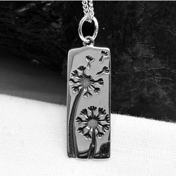 Sterling Silver Long Dandelion Pendant and Silver Curb Chain