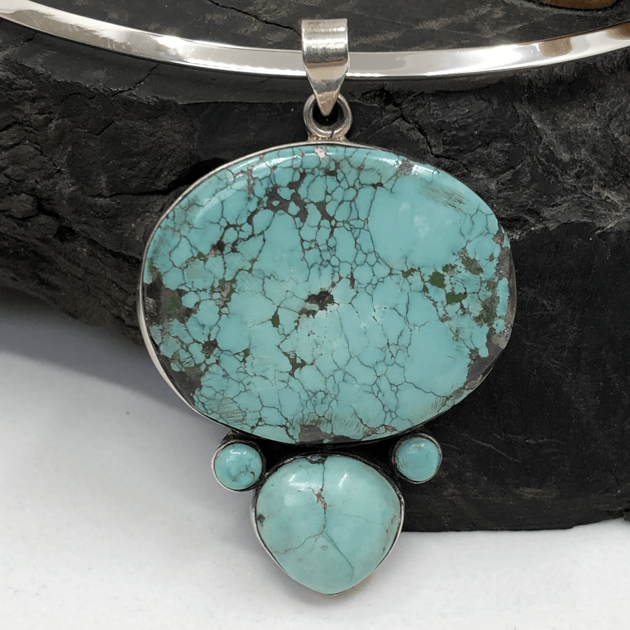 Turquoise 4 Stone Sterling Silver Pendant and Silver Torc