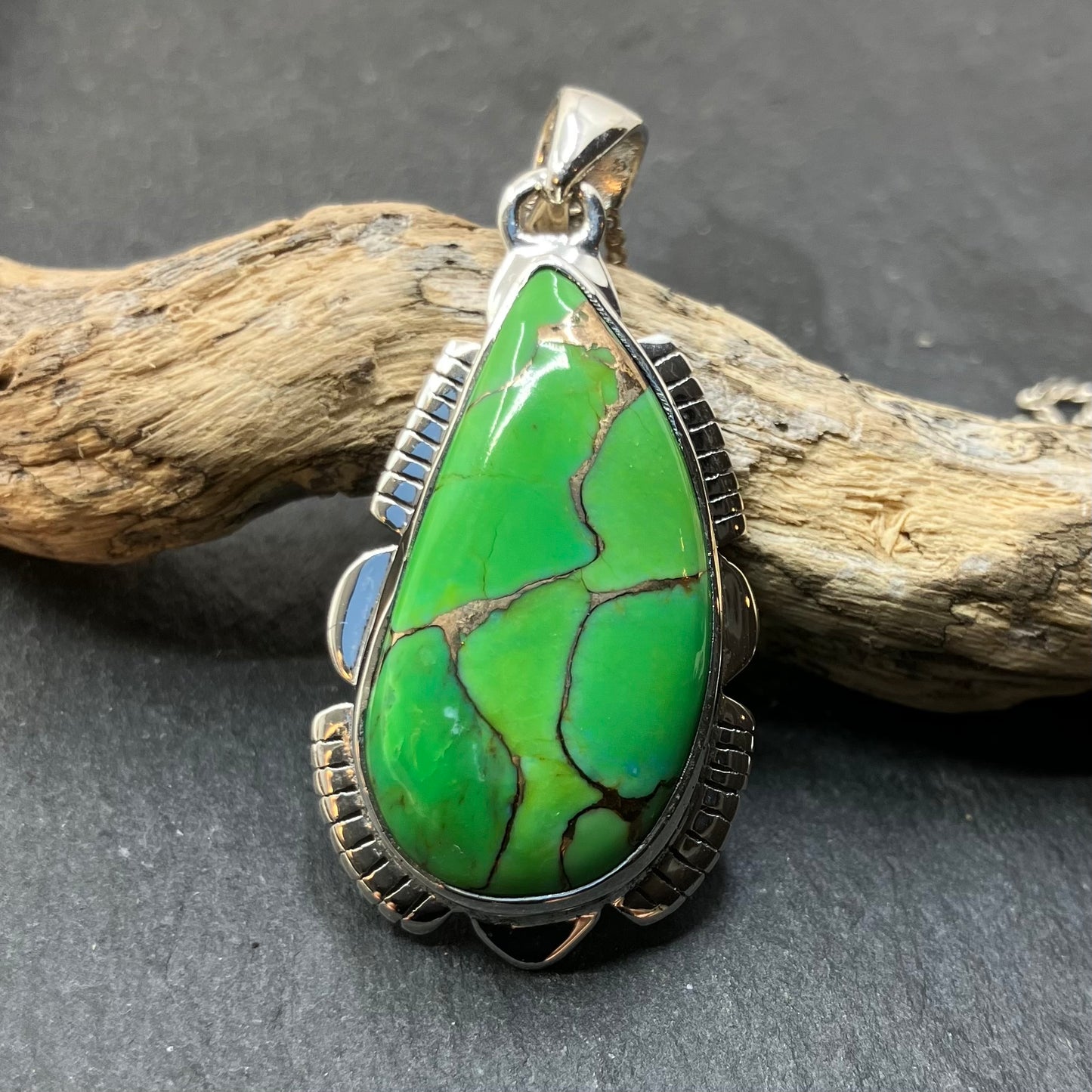 Green Turquoise and Sterling Silver Pendant curved tear