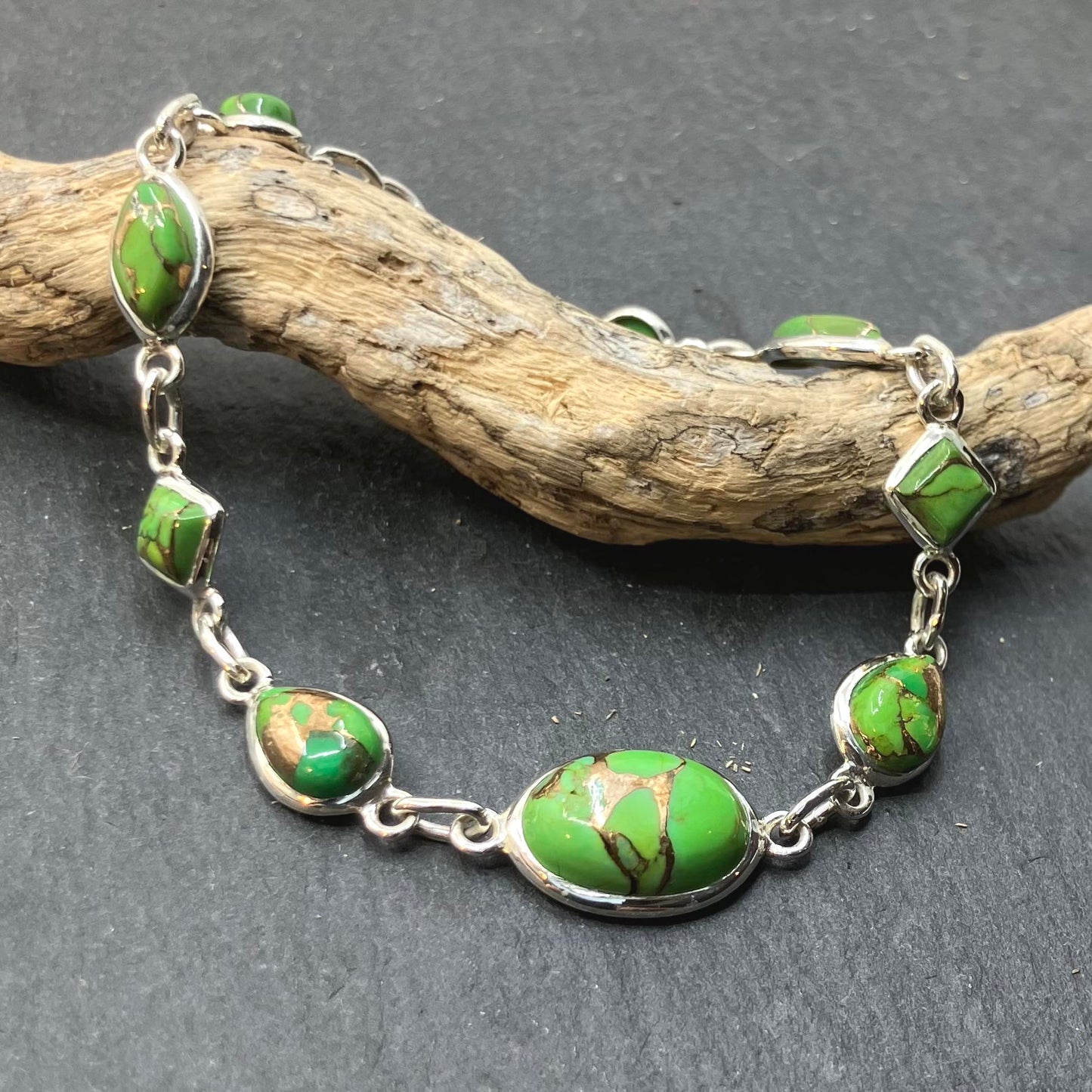Green Turquoise and Sterling Silver Bracelet Multishape