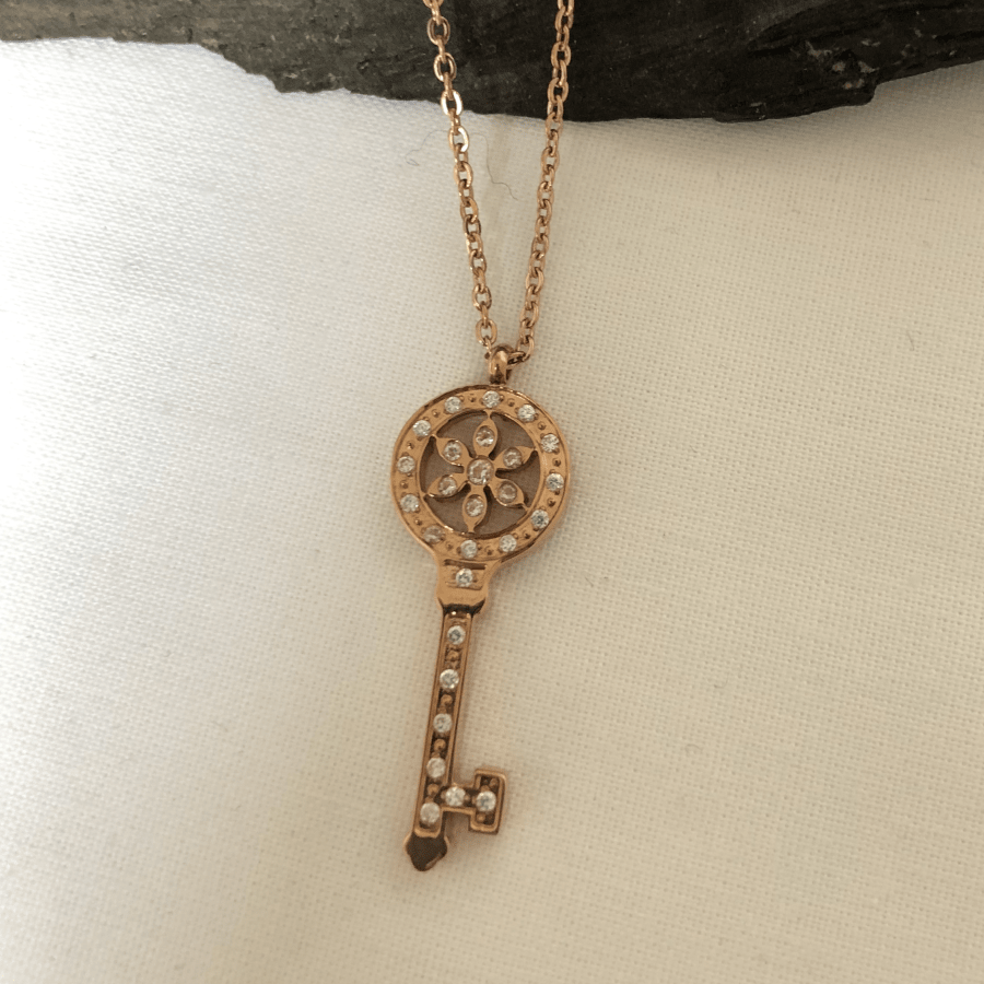 Stainless Steel Necklace, Rose Gold Coloured Key with CZ Stones