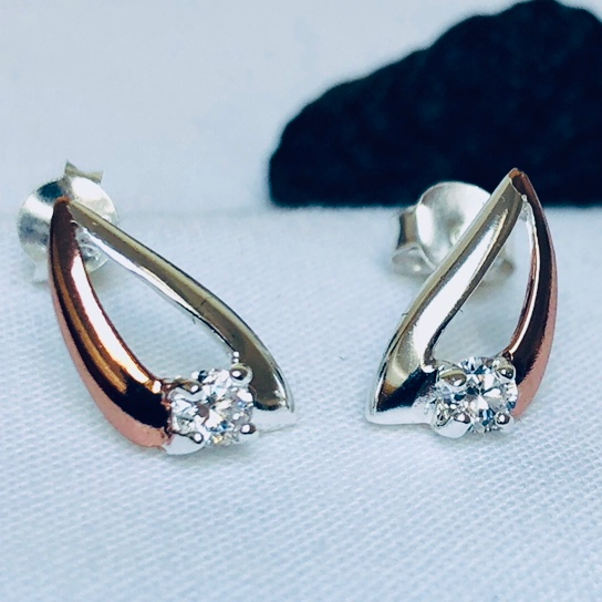 Sterling Silver with Rose Gold Plate and White CZ Studs