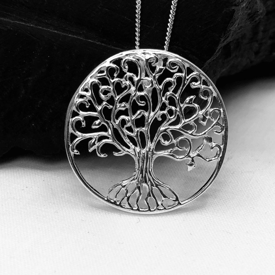 Tree of Life Curly Branch Big Silver Pendant and Chain
