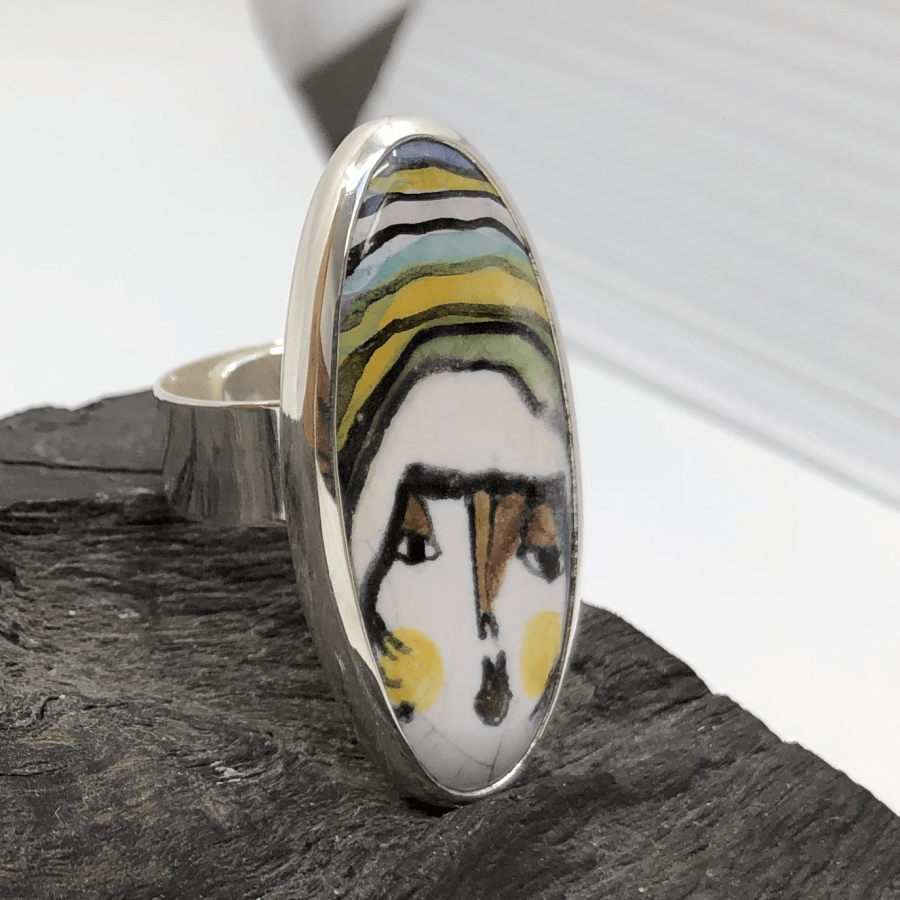 Handmade Ceramic Face in Sterling Silver Ring Keli