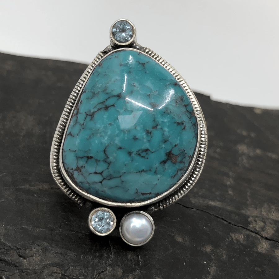 Turquoise, Topaz and Pearl in Sterling Silver Ring