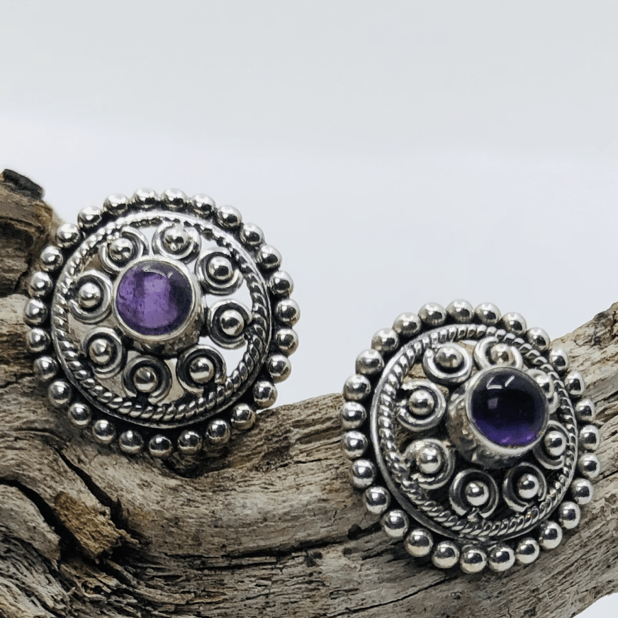 Amethyst and Sterling Silver Ethnic Studs