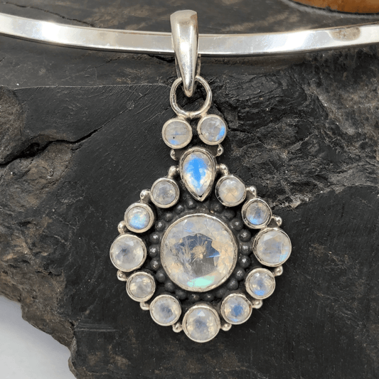 Rainbow Moonstone and Sterling Silver Faceted Pendant on Silver Torc