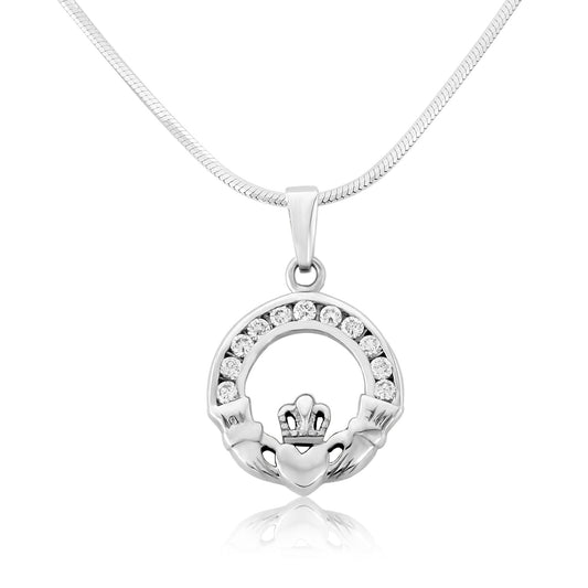 Claddagh Silver White CZ Pendant and Chain