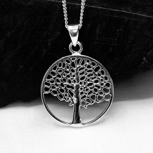 Tree of Life Round Leaf Silver Pendant and Chain