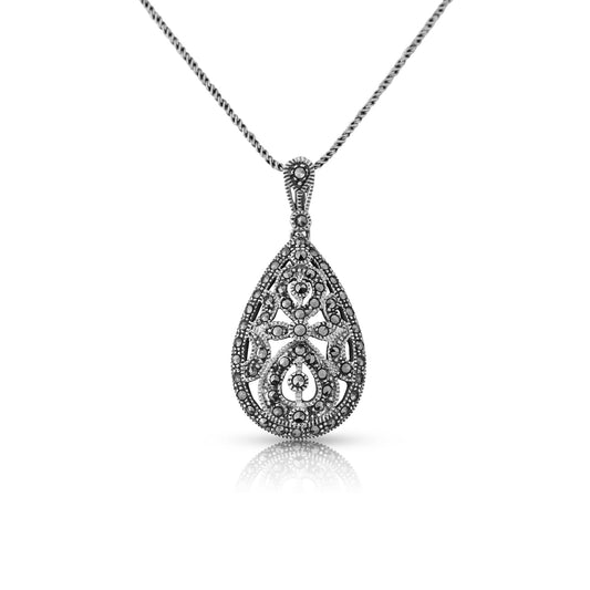 Marcasite Sterling Silver Tear Drop Pendant and Oxidised Chain