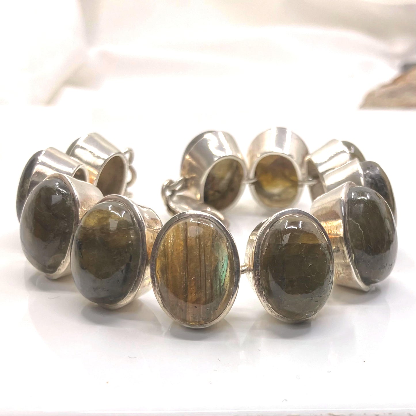 Labradorite and Sterling Silver Bracelet 11 Ovals Big