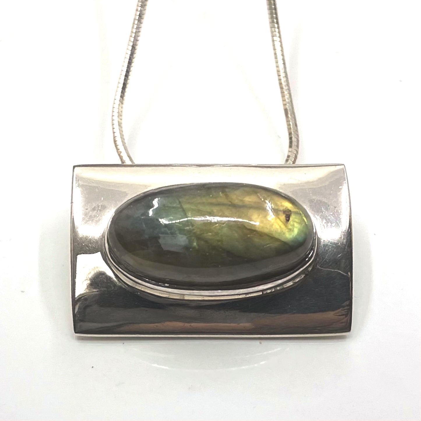 Labradorite and Sterling Silver Pendant Oval in Rectangle on Silver Chain
