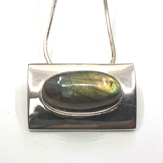 Labradorite and Sterling Silver Pendant Oval in Rectangle on Silver Chain
