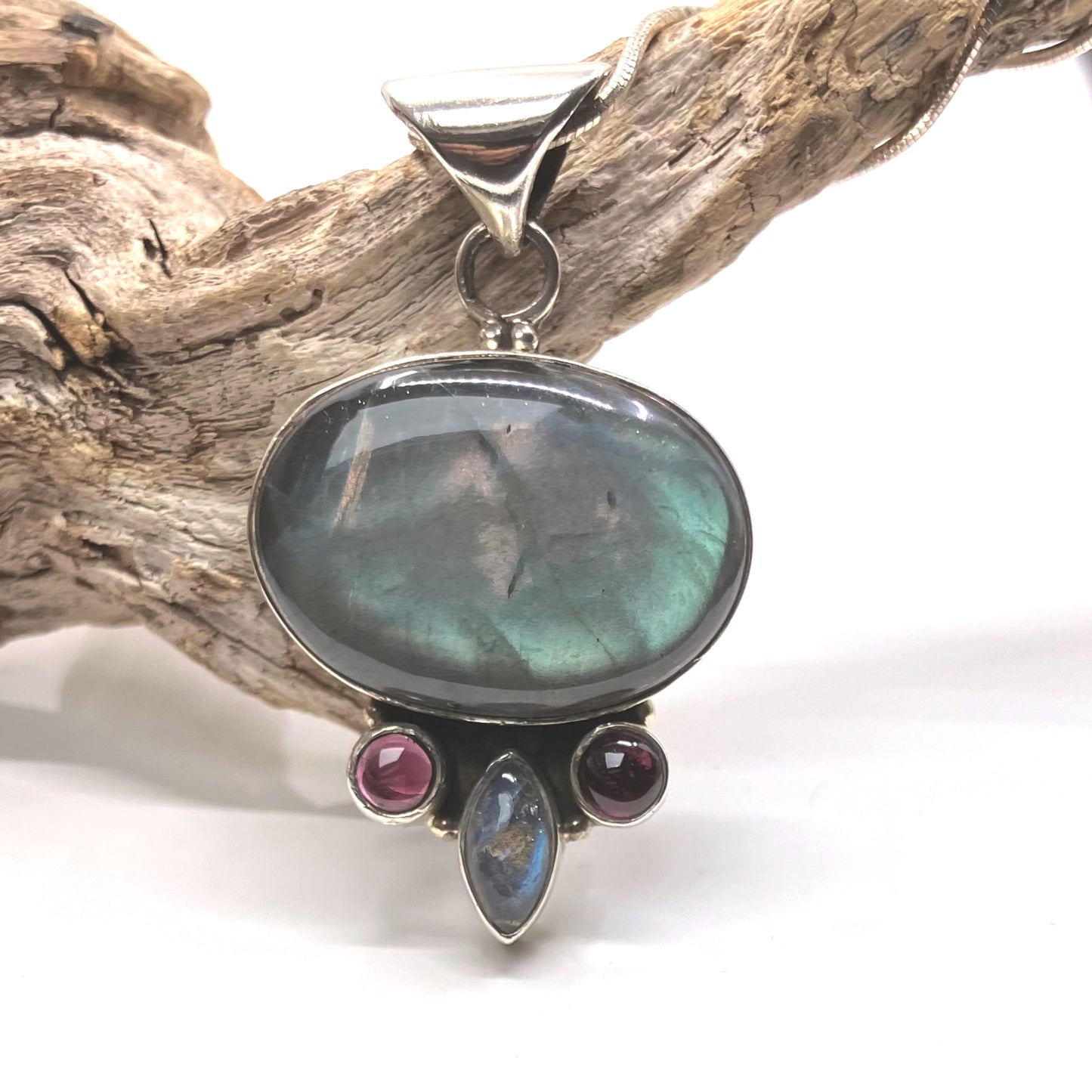 Labradorite and Sterling Silver Pendant Oval with 2 Garnets on Silver Chain