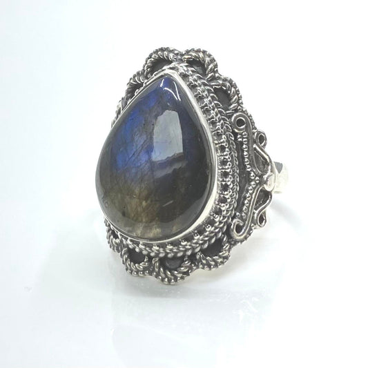 Labradorite and Sterling Silver Ring Tear Ornate