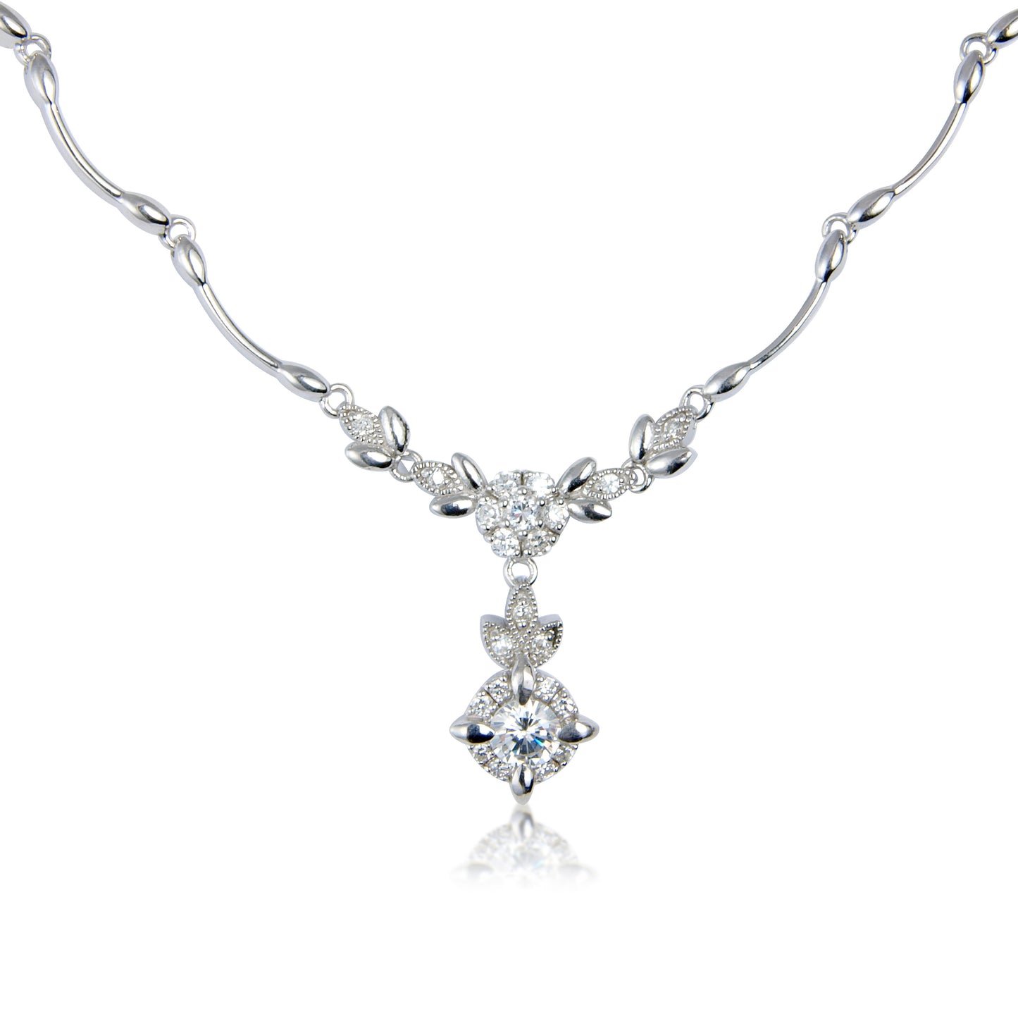 White Cubic Zirconia and Sterling Silver Flower Necklace