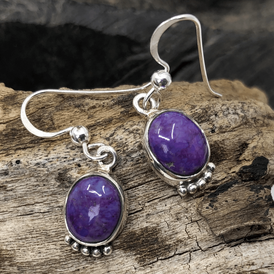 Purple Turquoise and Sterling Silver 5 ball Oval Earrings