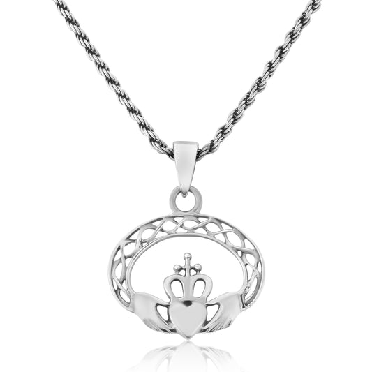 Claddagh Celtic Knot  Silver Pendant and Oxidised Chain