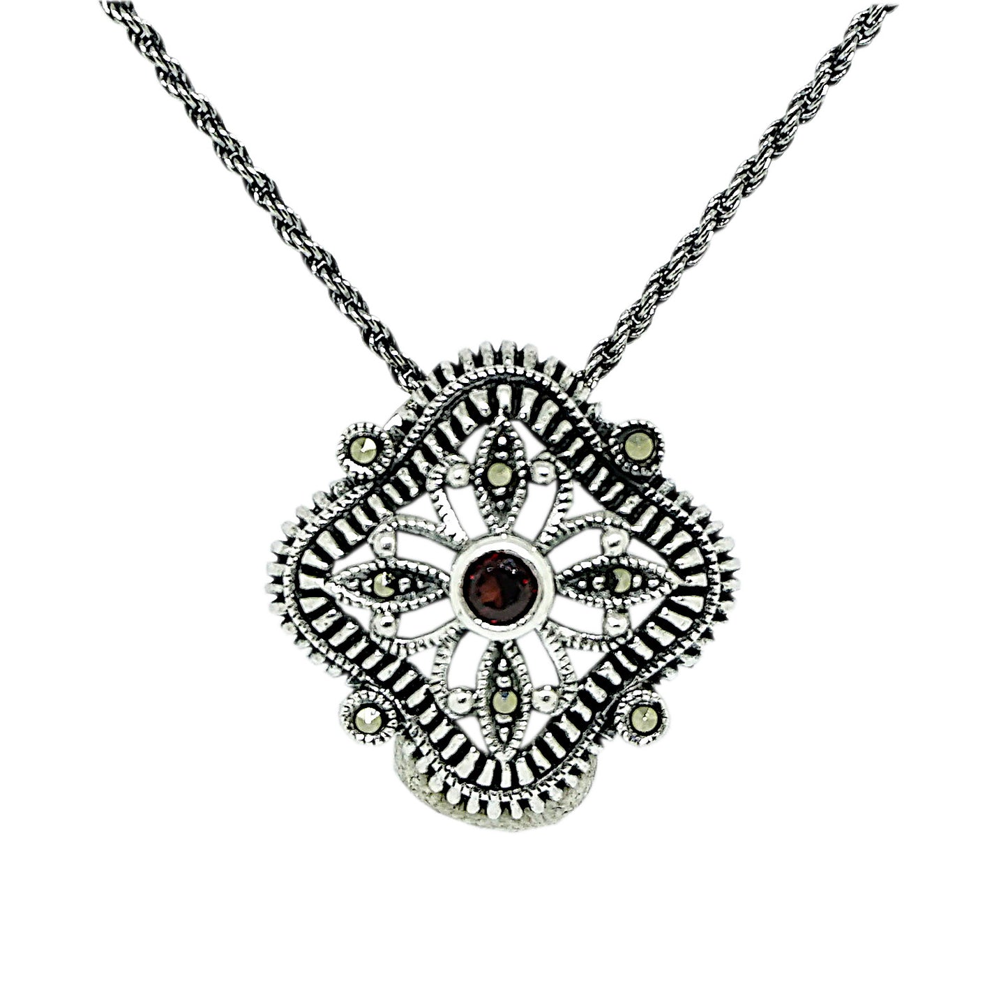 Marcasite and Garnet Sterling Silver Pendant Oxidised Chain