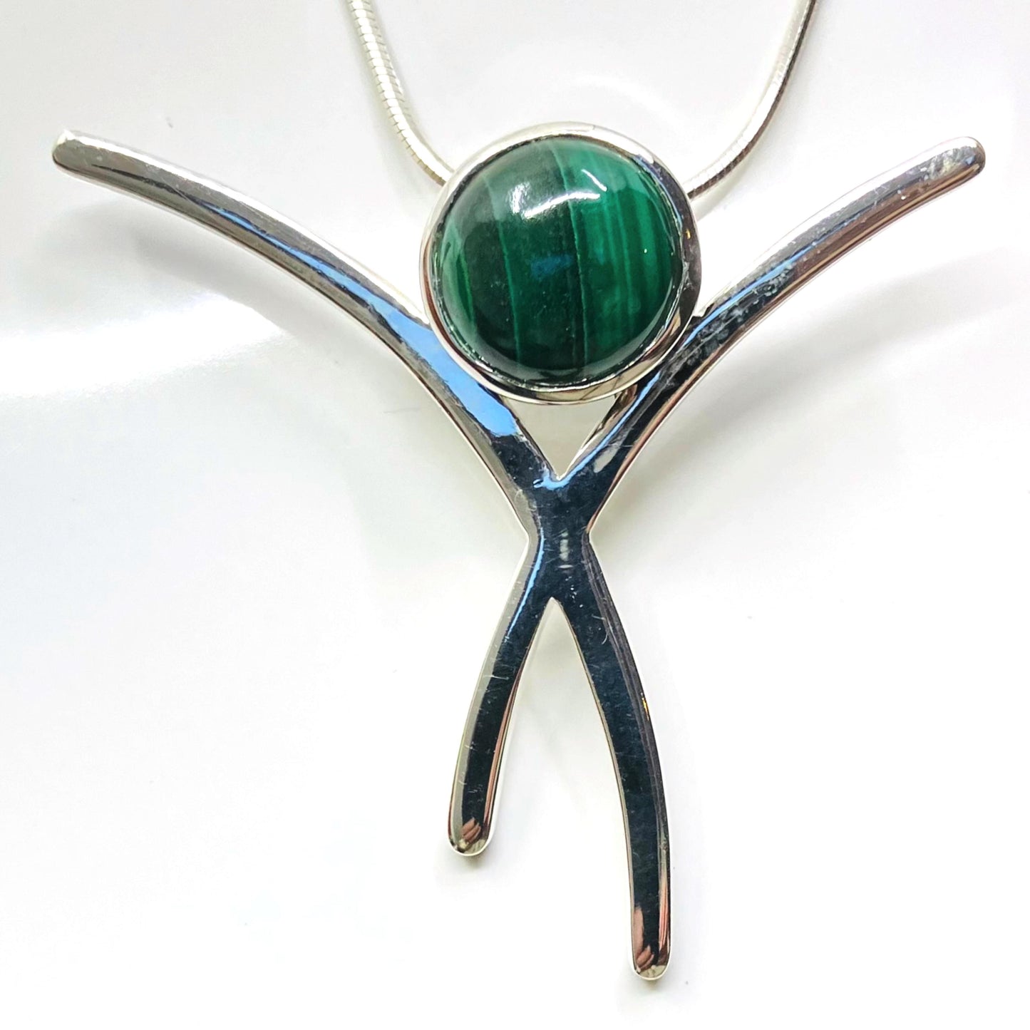 Malachite and Sterling Silver Pendant Criss-Cross on Silver Chain