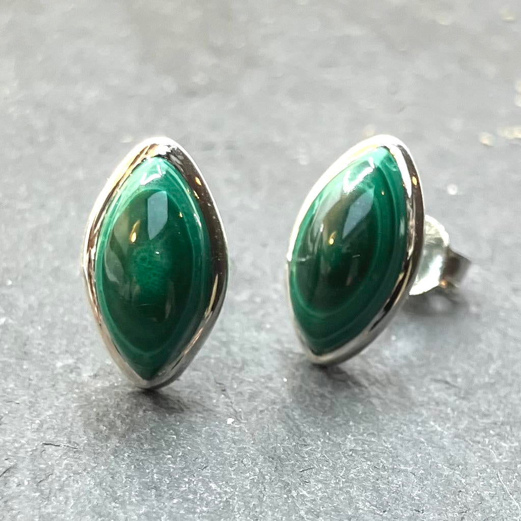 Malachite and Sterling Silver Studs Marquise